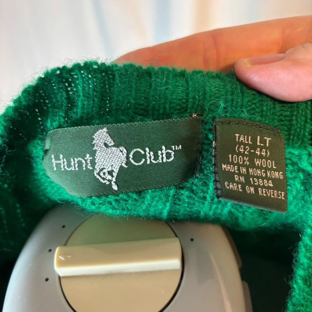 Hunt Club Men's  LT 100% Wool Cable Knit Crewneck Sweater‎ Green Vintage 42-44